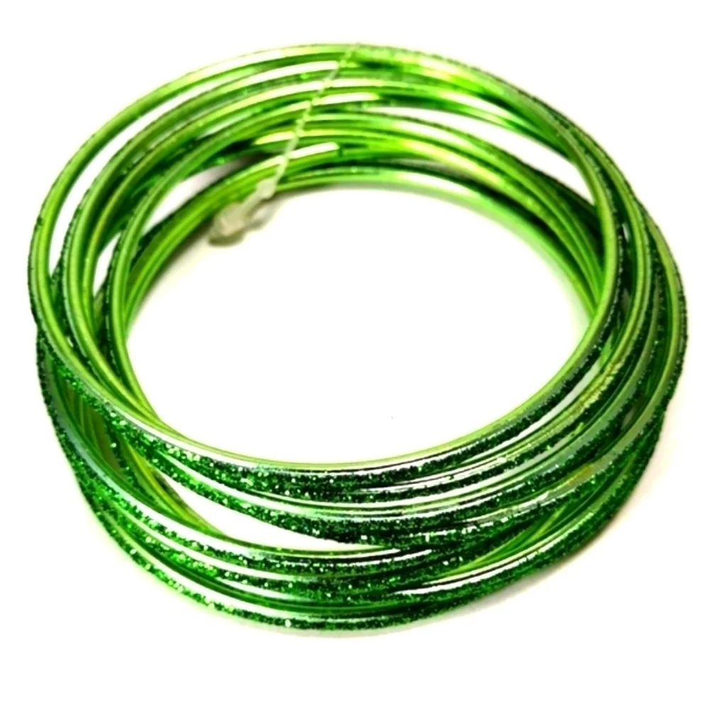 Women's Stunning Set of 10 Green Sparkling Bangle Bracelets, Size 8